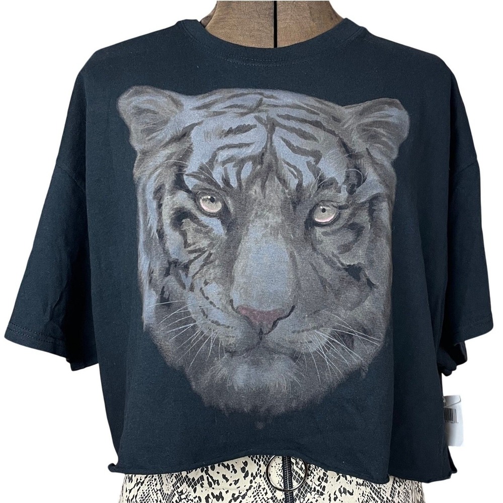 Womens VINYL ICONS T-shirt (L) Cropped Tiger Leopard Graphic Animal Cotton